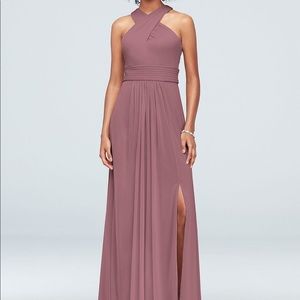Crisscross High-Neck Mesh Bridesmaid dress quartz